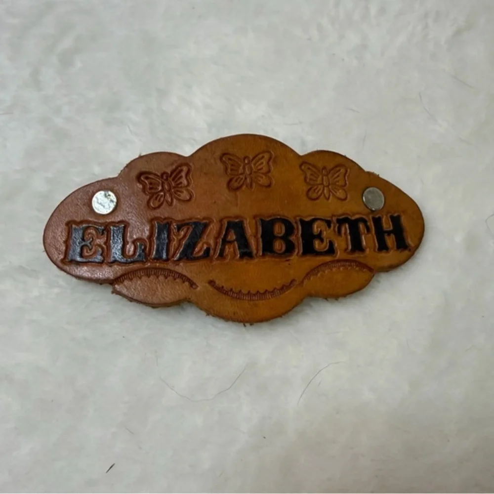 Handmade in Mexico Brown Leather Name Tag with Butterflies ELIZABETH